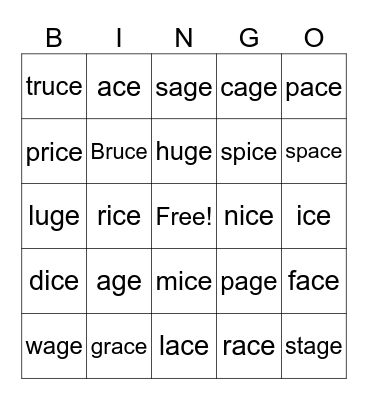 Words with "-ce"/"-ge" sound Bingo Card