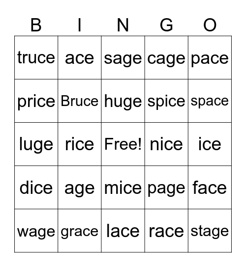 Words with "-ce"/"-ge" sound Bingo Card