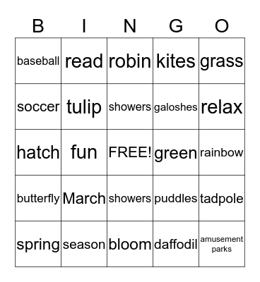 Spring Break Bingo Card