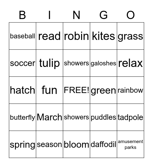 Spring Break Bingo Card