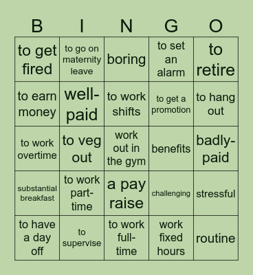 Work and Responsibilities Bingo Card