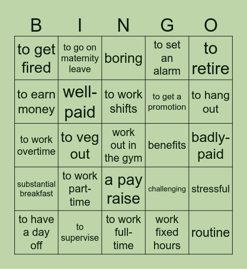 Work and Responsibilities Bingo Card