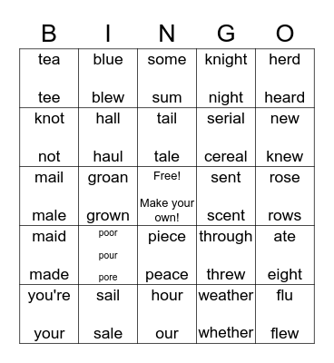 Homophone Bingo Card
