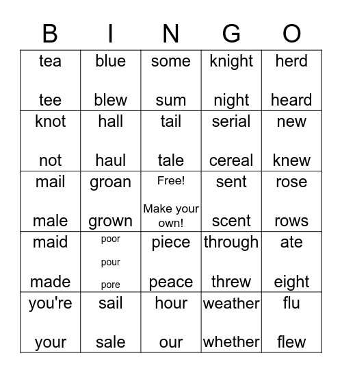 Homophone Bingo Card
