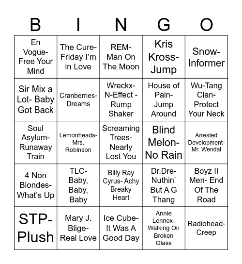 Radio Bingo Class of 1992 Bingo Card