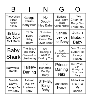 Radio Bingo Baby, Honey, Darling Bingo Card