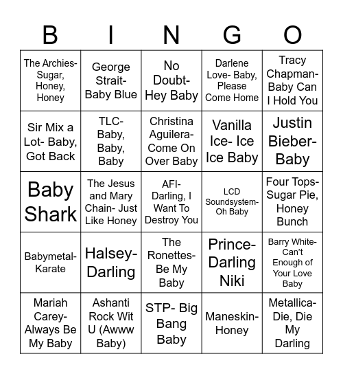 Radio Bingo Baby, Honey, Darling Bingo Card