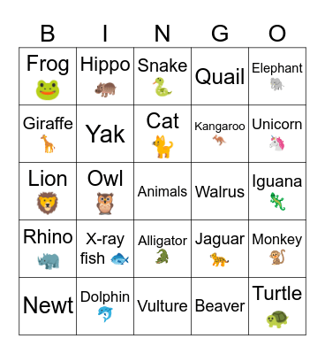 ABC Animals Bingo Card