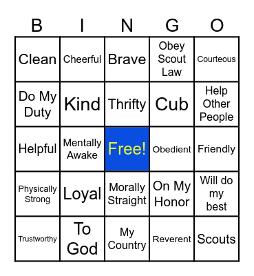 Cub Scout Oath and Law Bingo Card