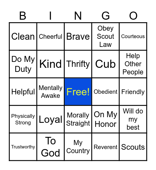 Cub Scout Oath and Law Bingo Card