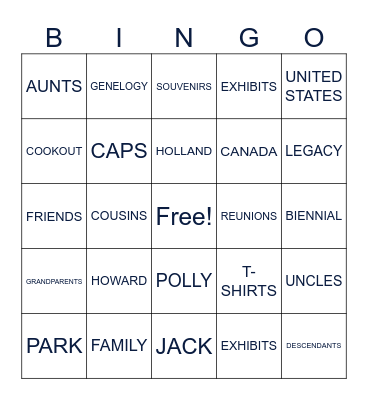 Howard-Holland Family Reunion Bingo Card