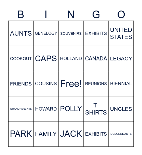 Howard-Holland Family Reunion Bingo Card