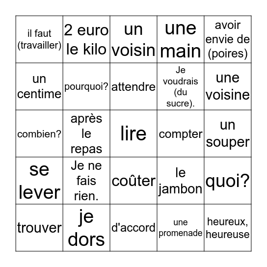 unité 25-28 Bingo Card