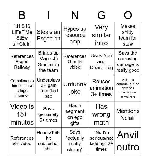 Welvader's Stew Video Bingo Card
