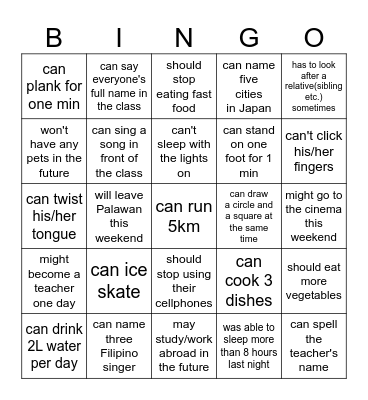 Modal verbs bingo Card