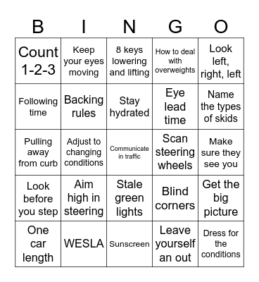 PCM SAFETY TIP Bingo Card