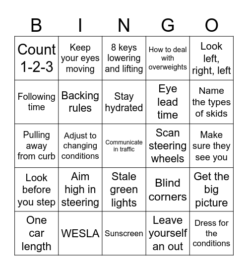 PCM SAFETY TIP Bingo Card