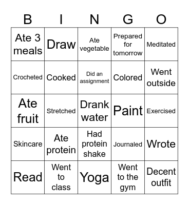 Healthy Choices Bingo Card