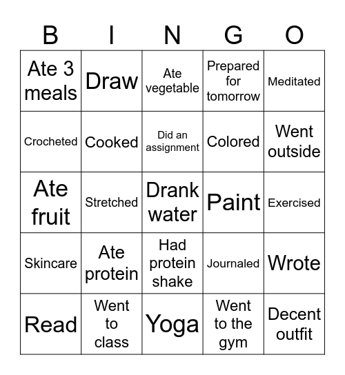 Healthy Choices Bingo Card