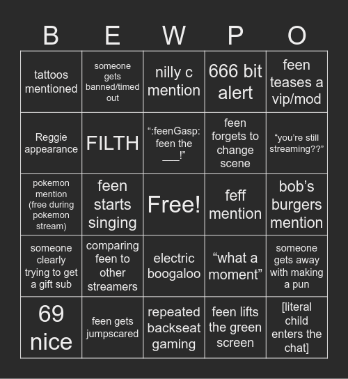 “BEWPO” Bingo Card