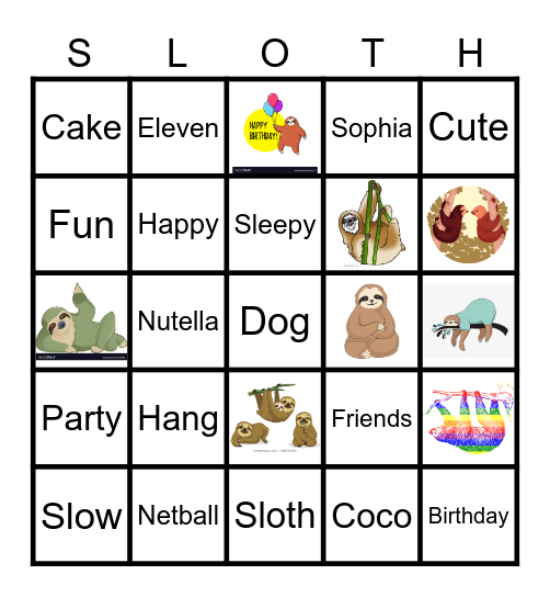 Sloth Bingo Card