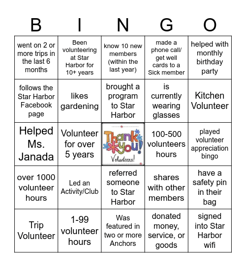 Volunteer Appreciation Bingo Card