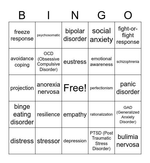 Mental Health Unit Vocab Bingo Card