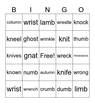 Silent Letter Bingo Card