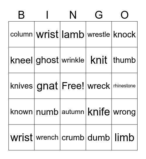Silent Letter Bingo Card