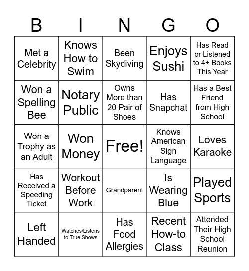 Random Things Bingo Card