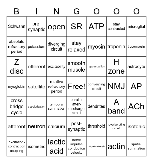 Muscles and Nervous Tissue BINGO! Bingo Card