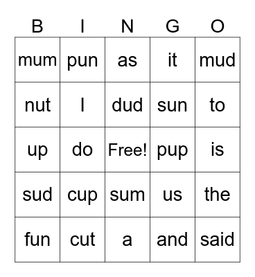 short / u/ and current sight words Bingo Card