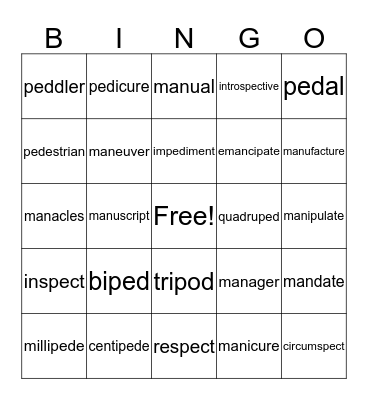 Greek and Latin Roots Bingo Card