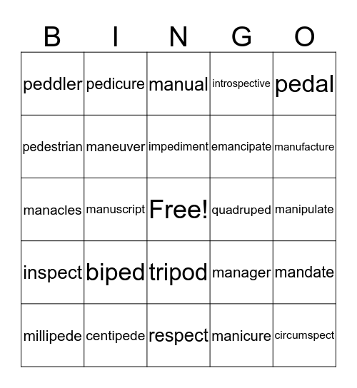 Greek and Latin Roots Bingo Card