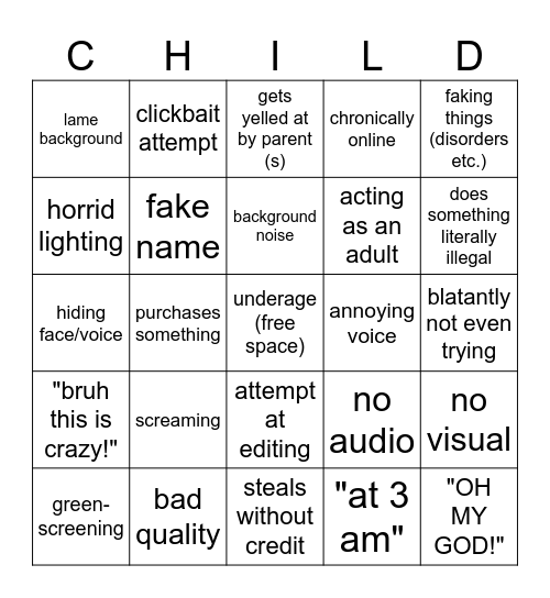 Underage youtubers Bingo Card