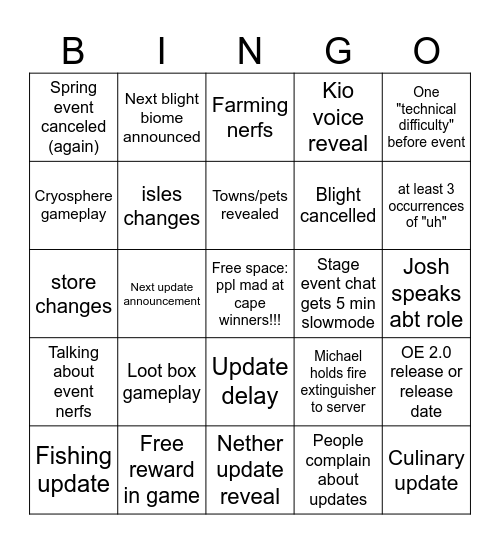 OR stage event Bingo Card