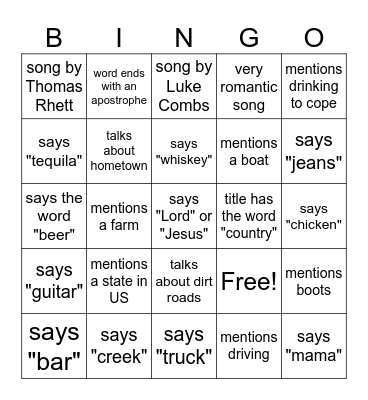Country songs Bingo Card