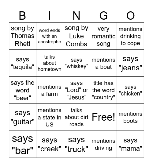 Country songs Bingo Card