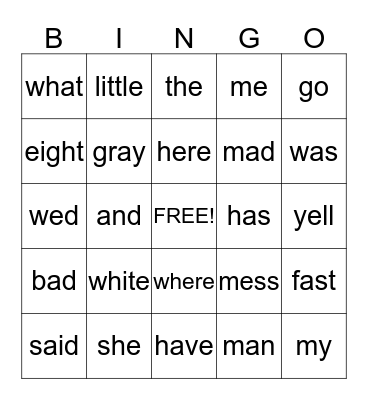 Sight word bingo Card