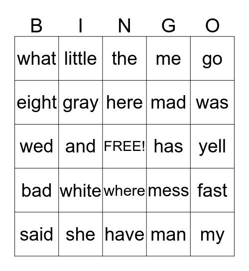 Sight word bingo Card