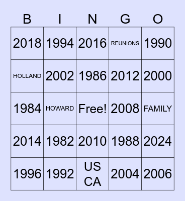 HOWARD-HOLLAND FAMILY REUNION Bingo Card