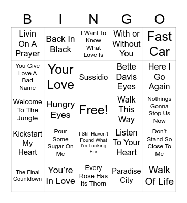 80s Rock Songs Bingo Card
