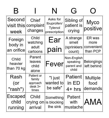 Pediatric ER BINGO Card