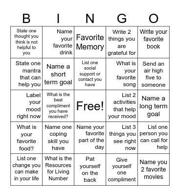 Mental Health Bingo Card