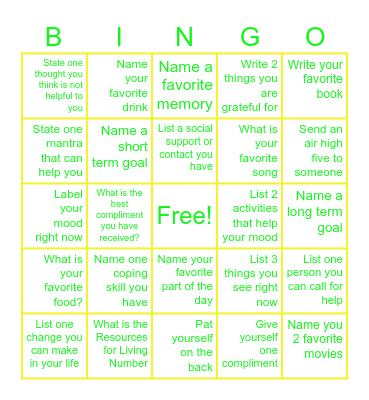 Mental Health Bingo Card