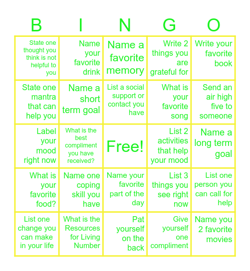 Mental Health Bingo Card