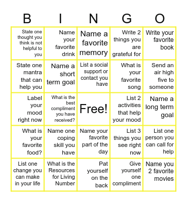 Mental Health Bingo Card