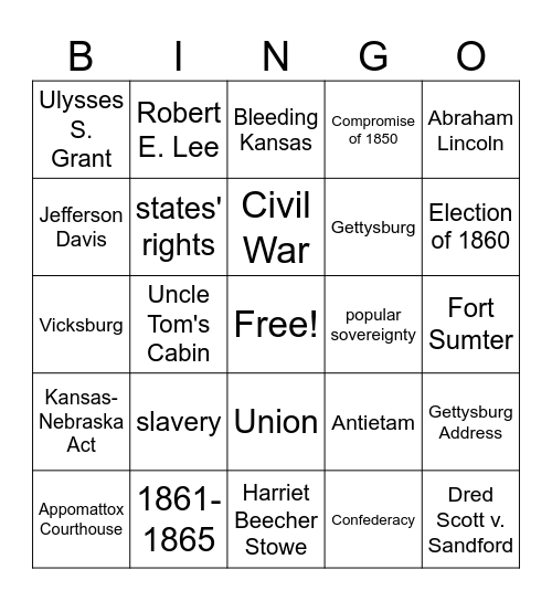 Civil War Bingo Card