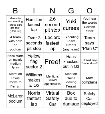 Race weekend BINGO Card