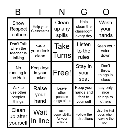 How to act in at school Bingo Card